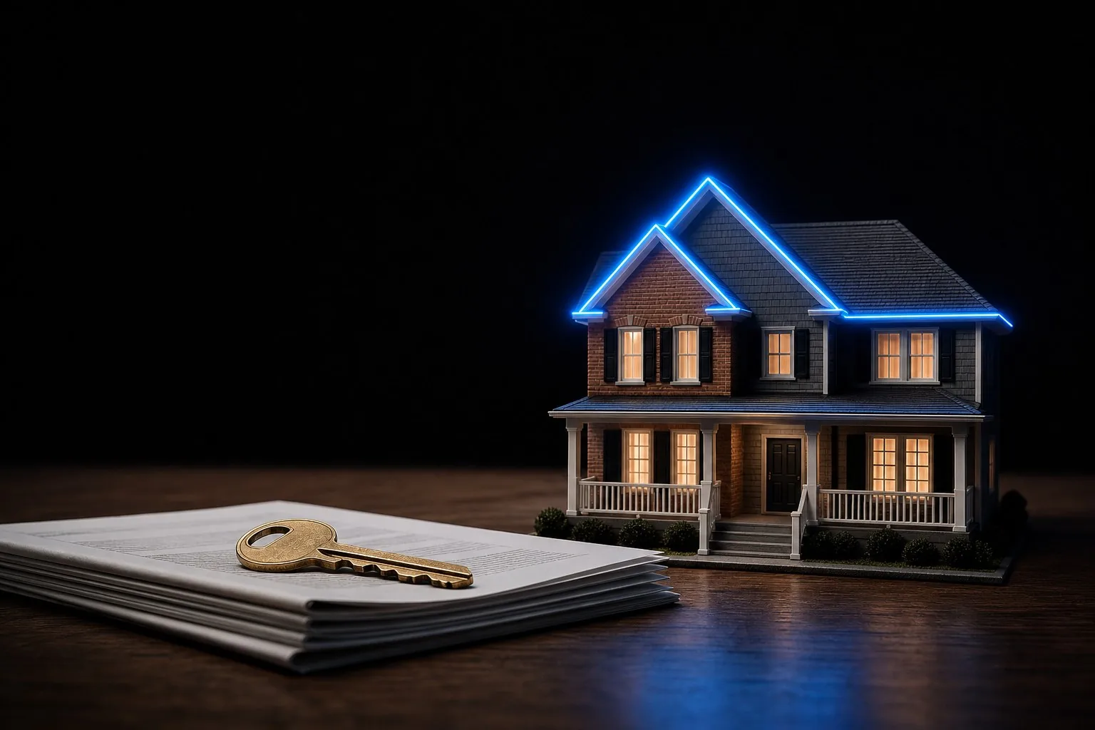 A house key and folded mortgage documents beside a model of a brick-front North Carolina home, lit with a single blue accent